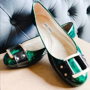Jimmy Choo green patent leather buckle flats